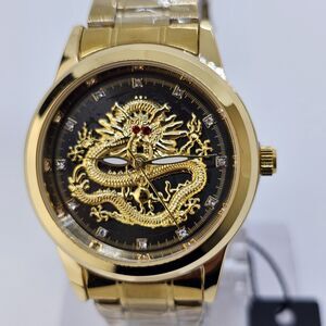 40MM Men's Watch Golden Dragon Black Dial Gold Bracelet Band Luminous Wristwatch